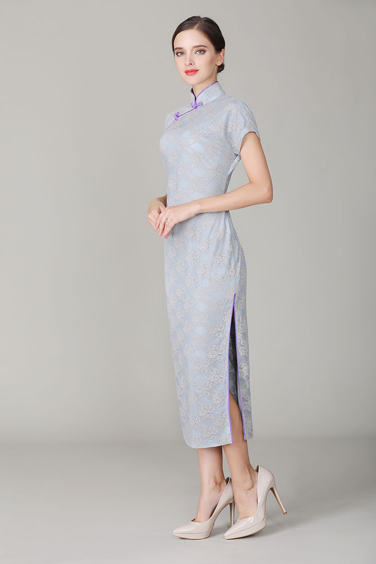 Thin grey-blue lace qipao dress 