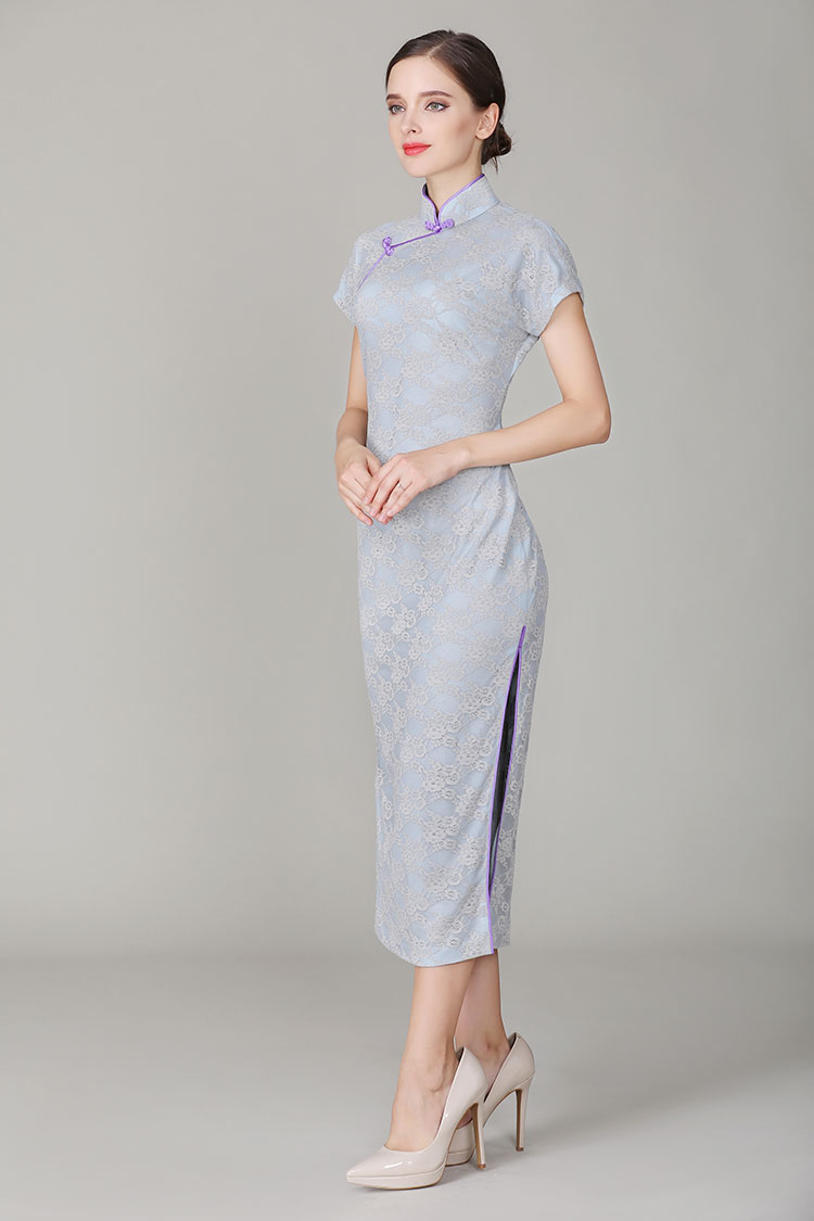 Thin grey-blue lace qipao dress 