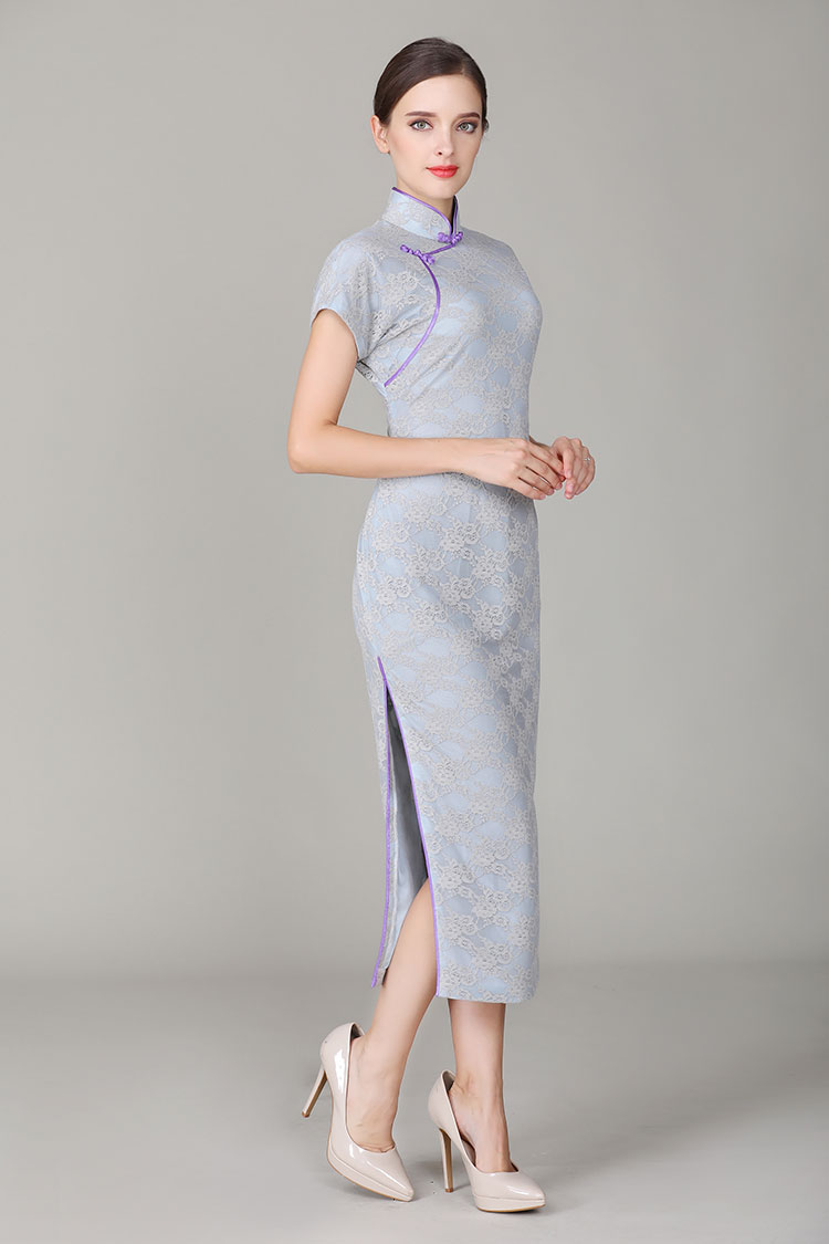 Thin grey-blue lace qipao dress 