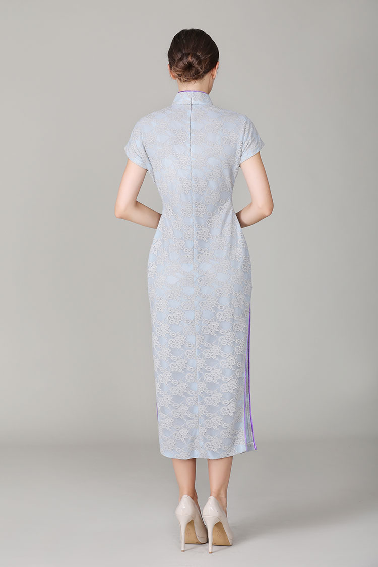 Thin grey-blue lace qipao dress 