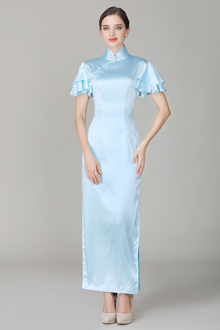 Light-blue cheongsam with Soft Chiffon frills Sleeves