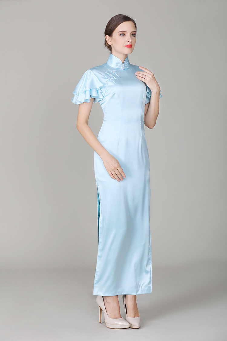 Light-blue cheongsam with Soft Chiffon frills Sleeves