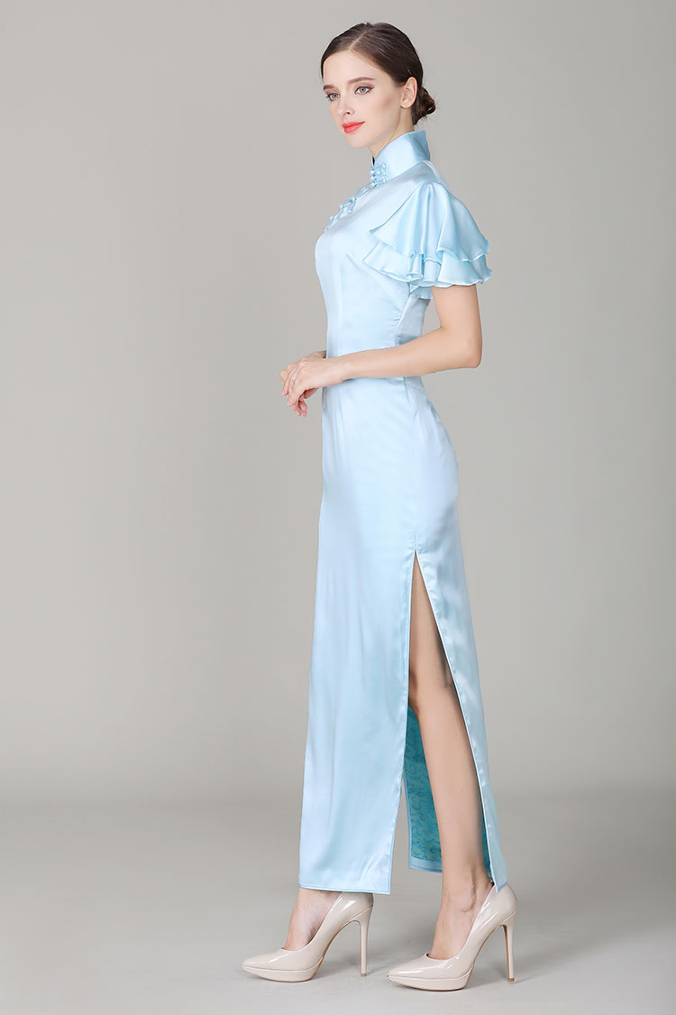 Light-blue cheongsam with Soft Chiffon frills Sleeves