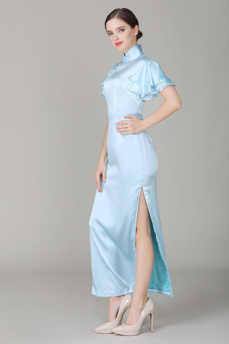 Light-blue cheongsam with Soft Chiffon frills Sleeves