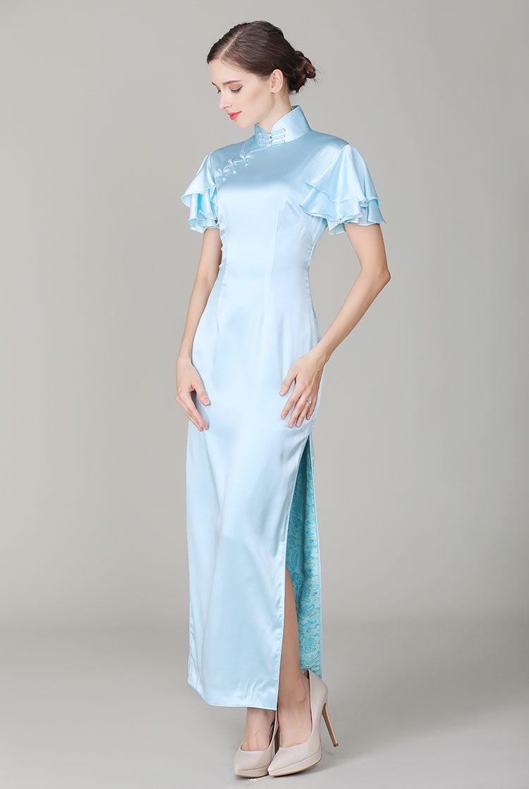 Light-blue cheongsam with Soft Chiffon frills Sleeves