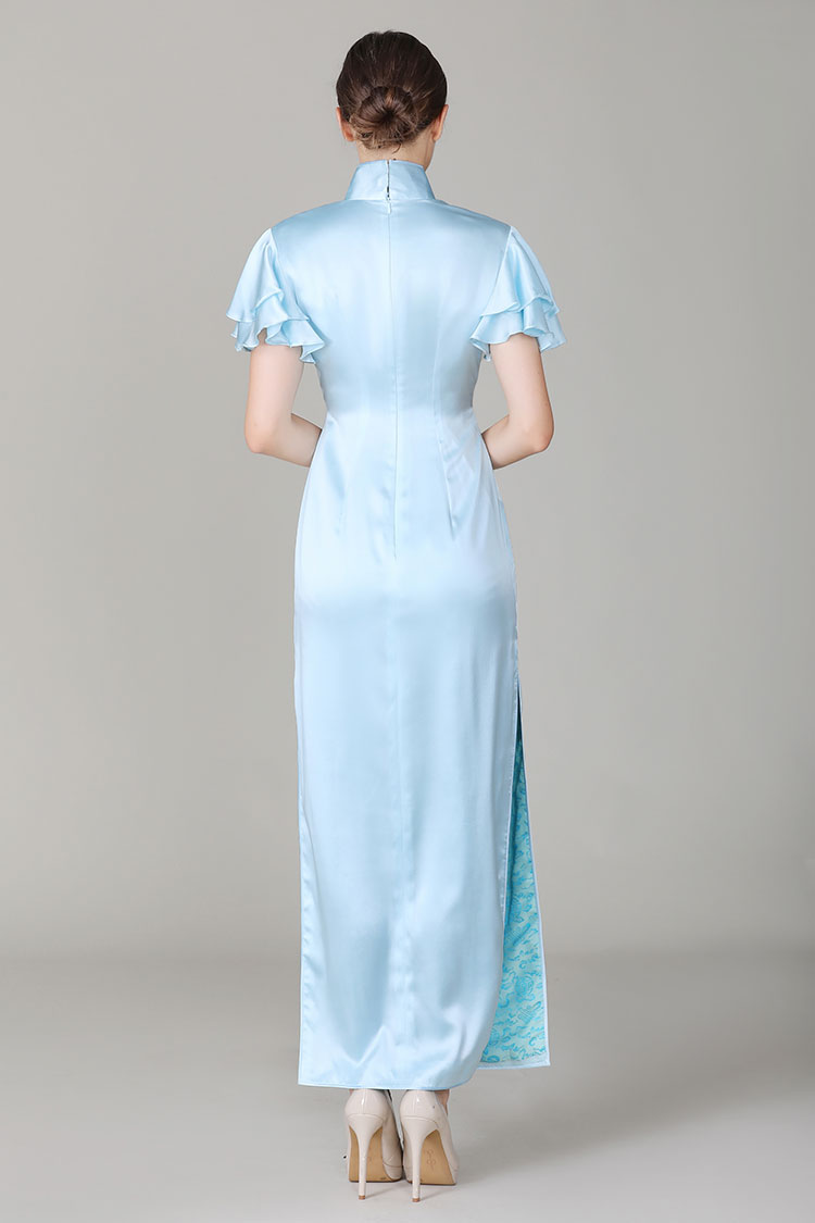 Light-blue cheongsam with Soft Chiffon frills Sleeves