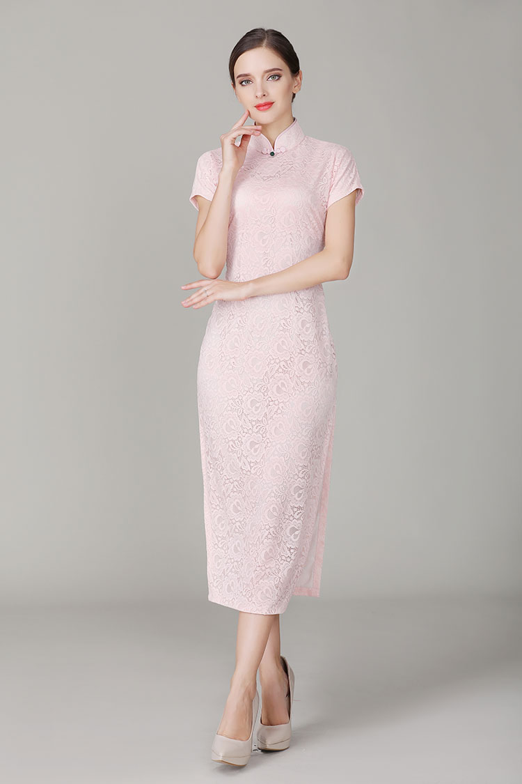 Thin pink lace qipao dress