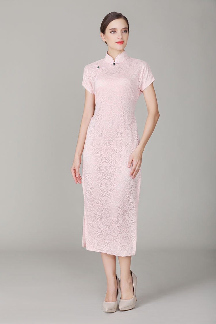 Thin pink lace qipao dress