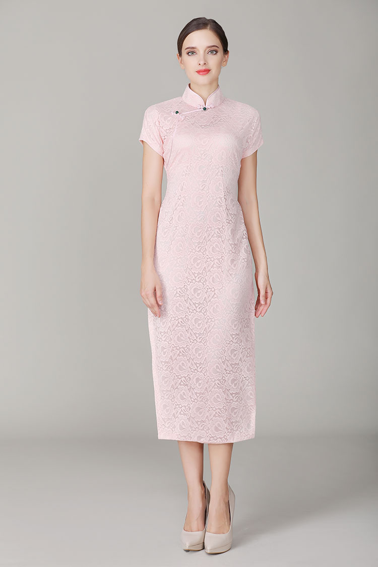 Thin pink lace qipao dress