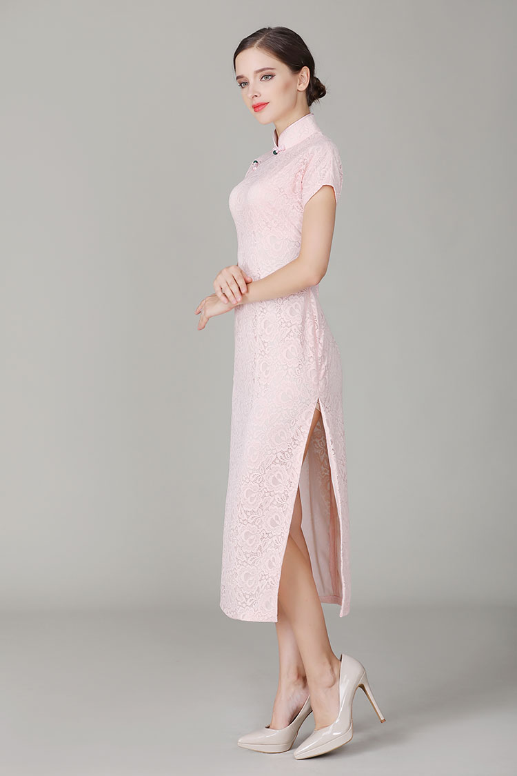 Thin pink lace qipao dress