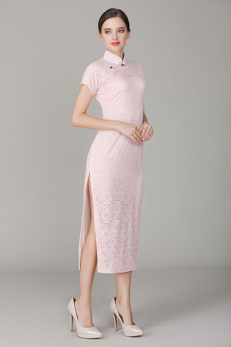 Thin pink lace qipao dress