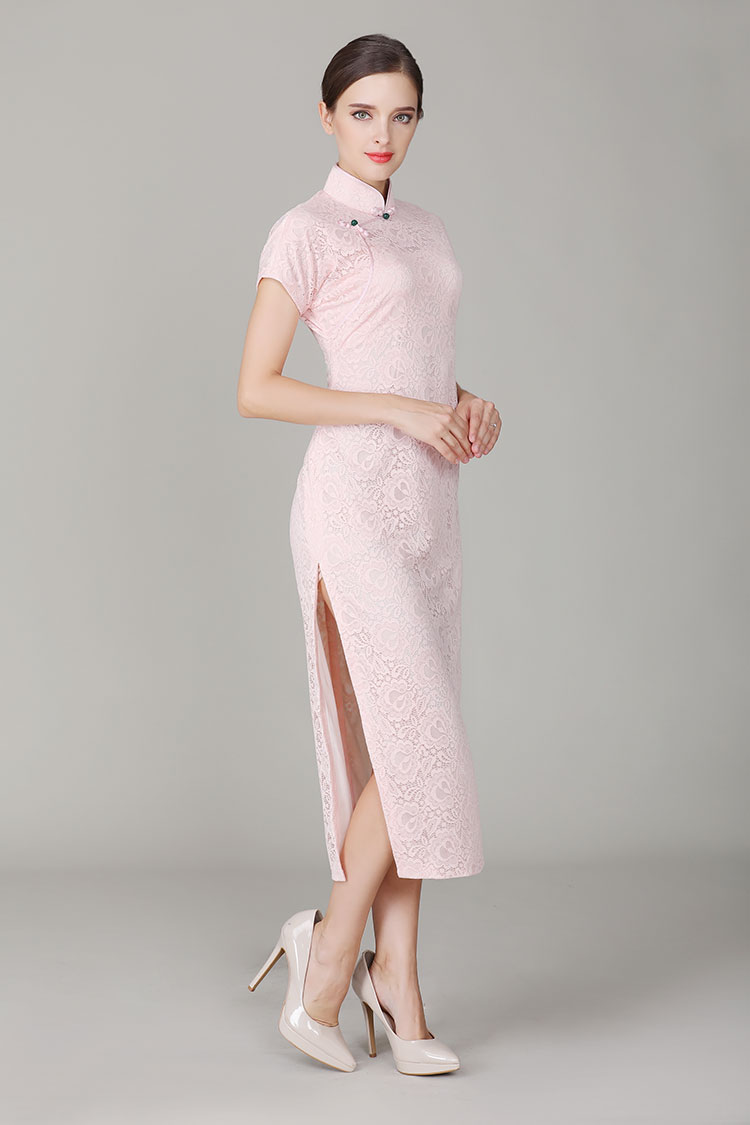 Thin pink lace qipao dress