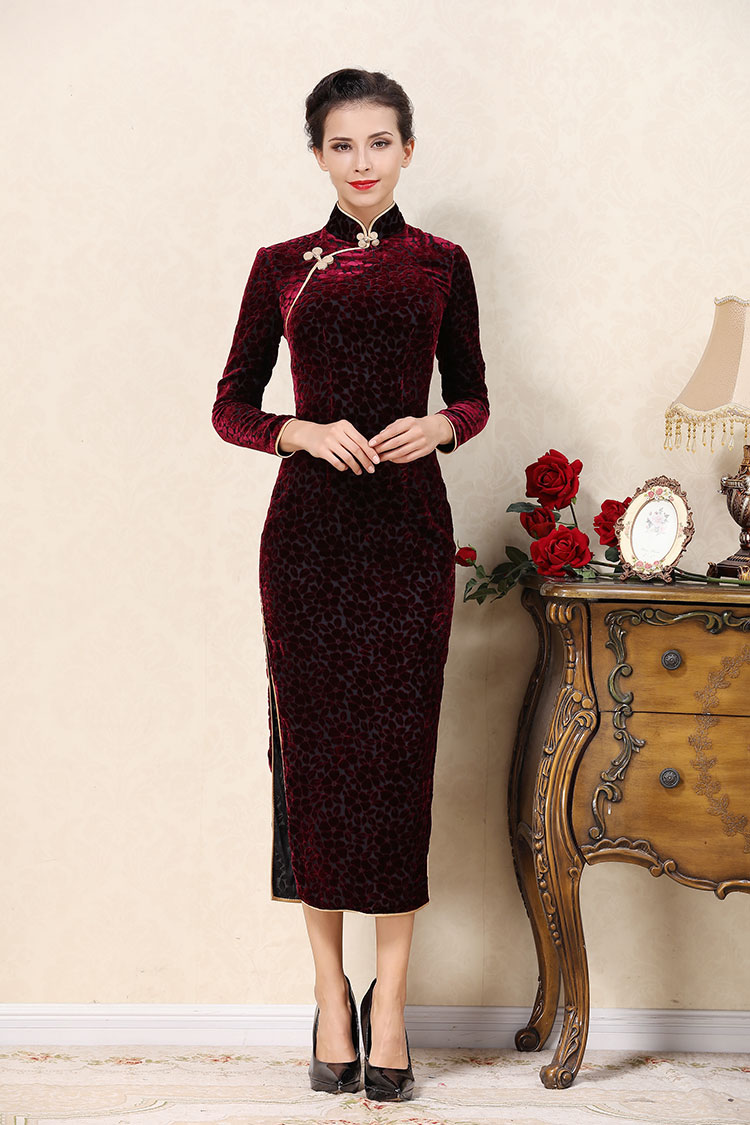 Wine red veleor cheongsam dress