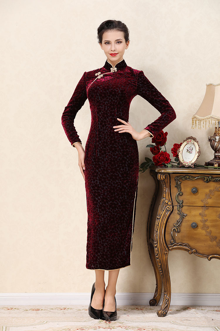 Wine red veleor cheongsam dress