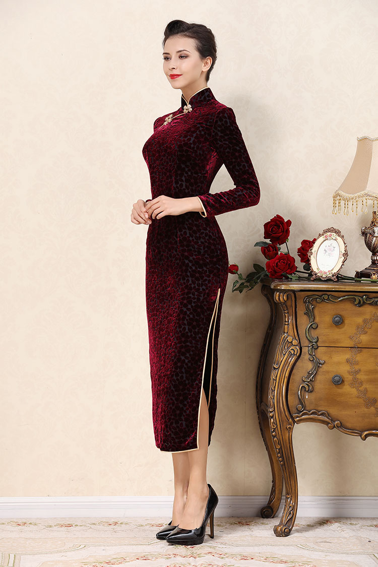 Wine red veleor cheongsam dress