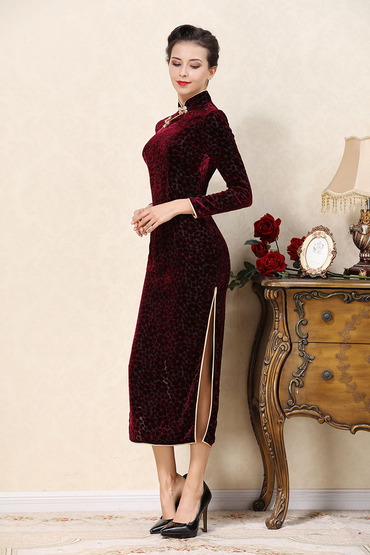 Wine red veleor cheongsam dress