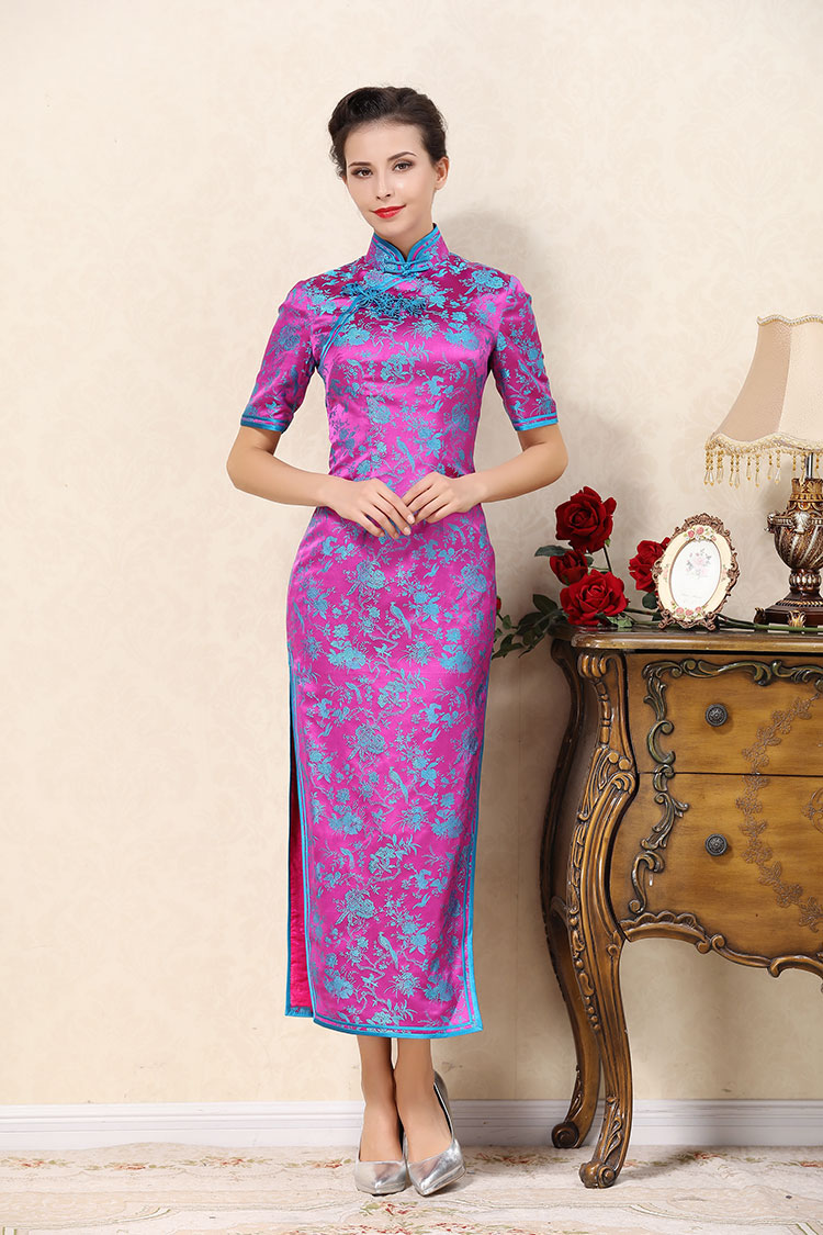 Magenta long cheongsam dress