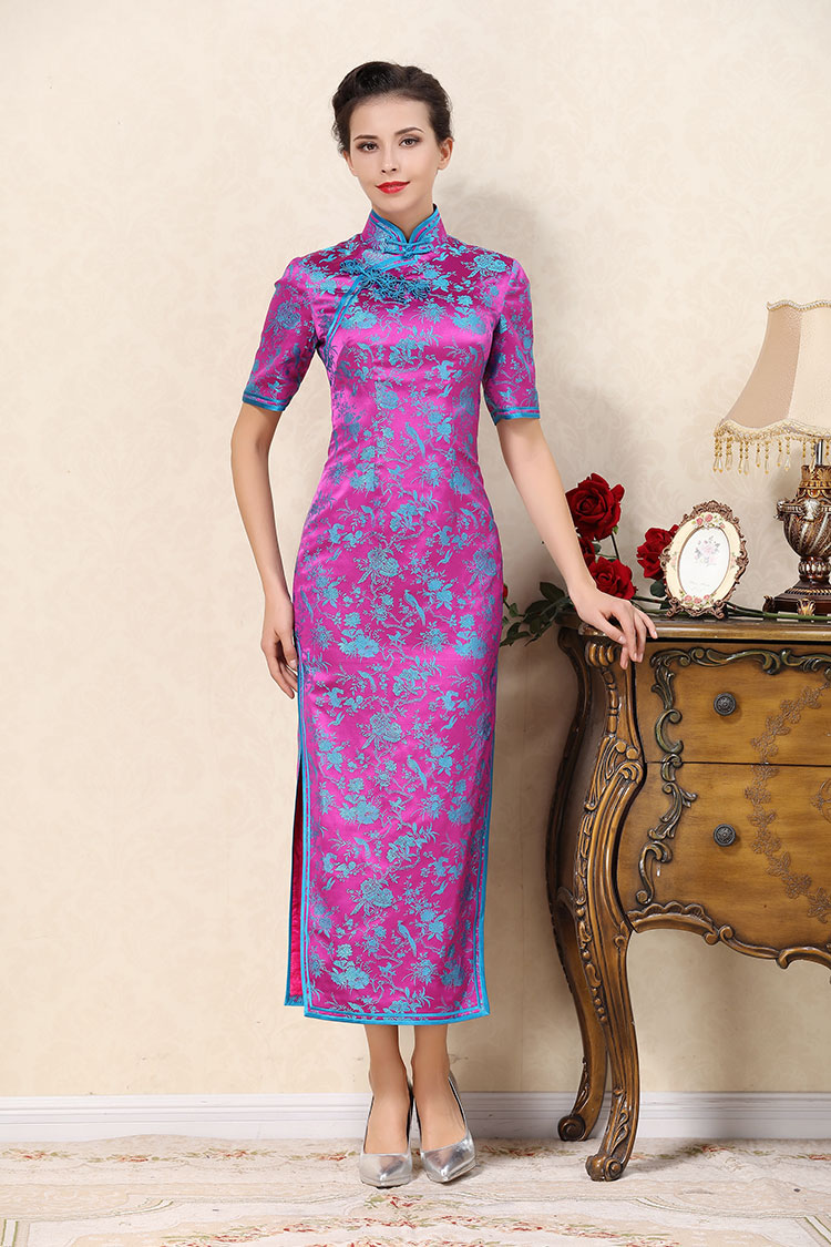 Magenta long cheongsam dress