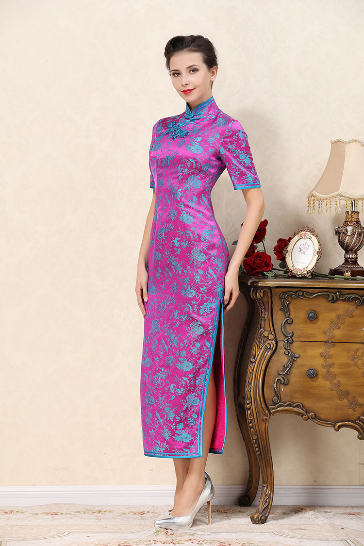 Magenta long cheongsam dress