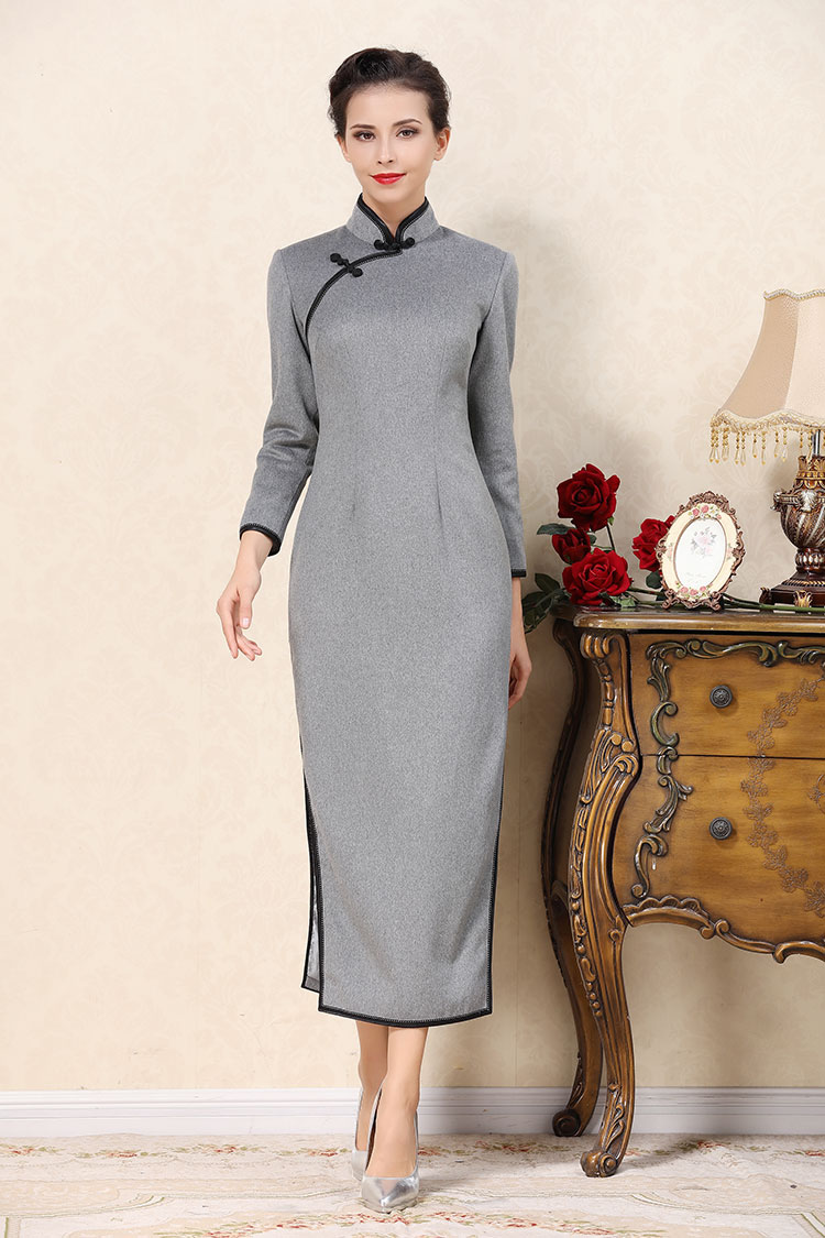 Light gray wool improved cheongsam dress