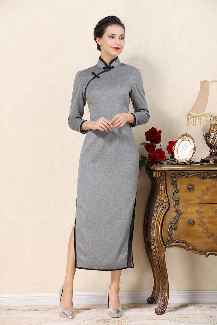 Light gray wool improved cheongsam dress