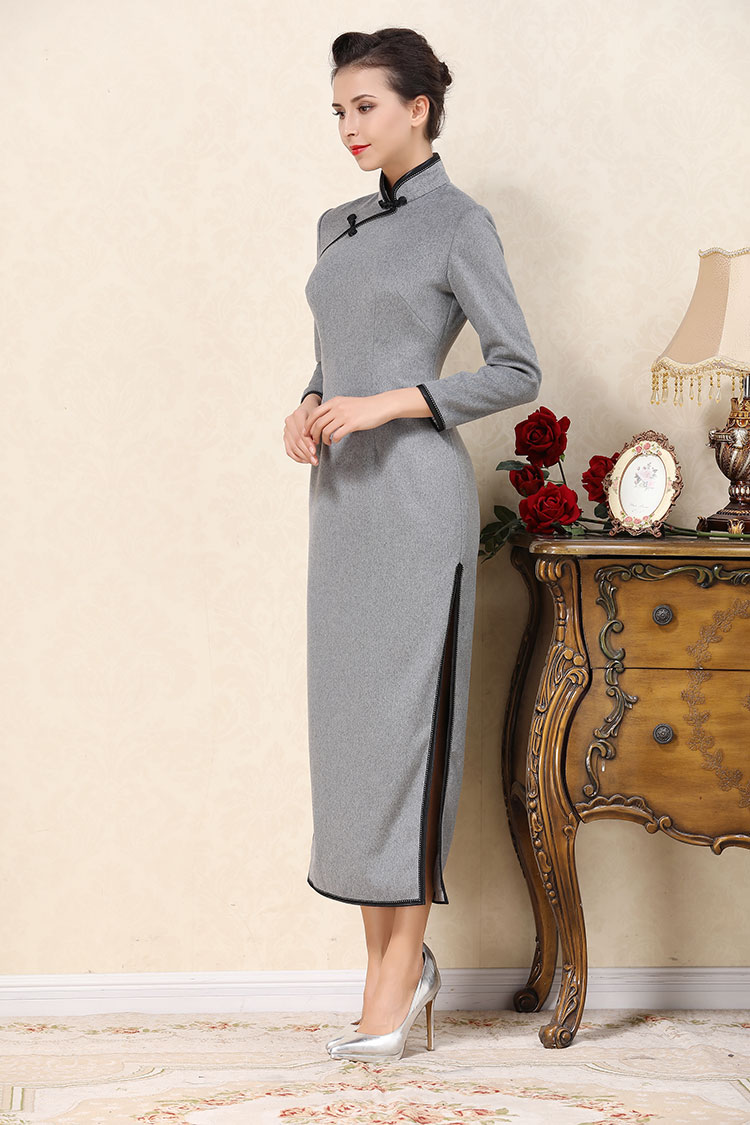 Light gray wool improved cheongsam dress