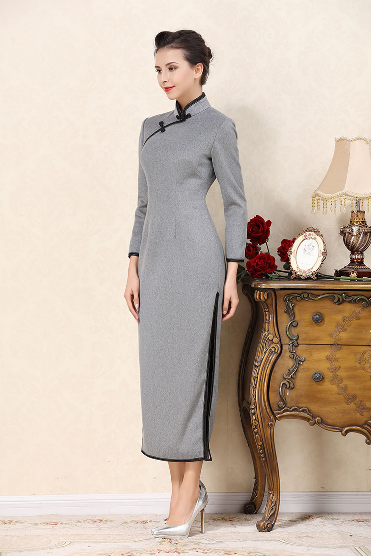 Light gray wool improved cheongsam dress