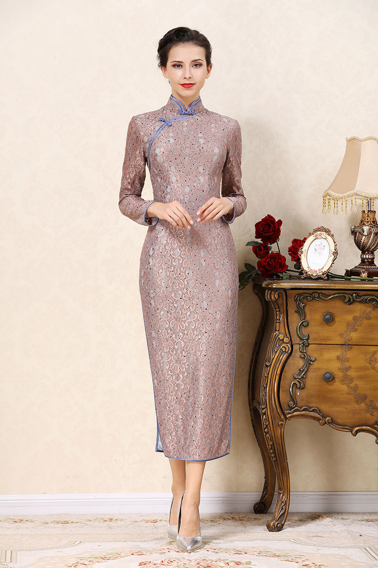 Grey-purple lace cheongsam dress