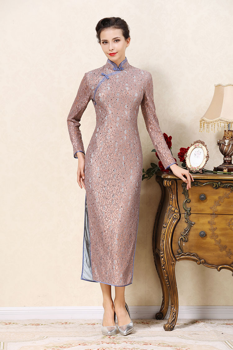 Grey-purple lace cheongsam dress