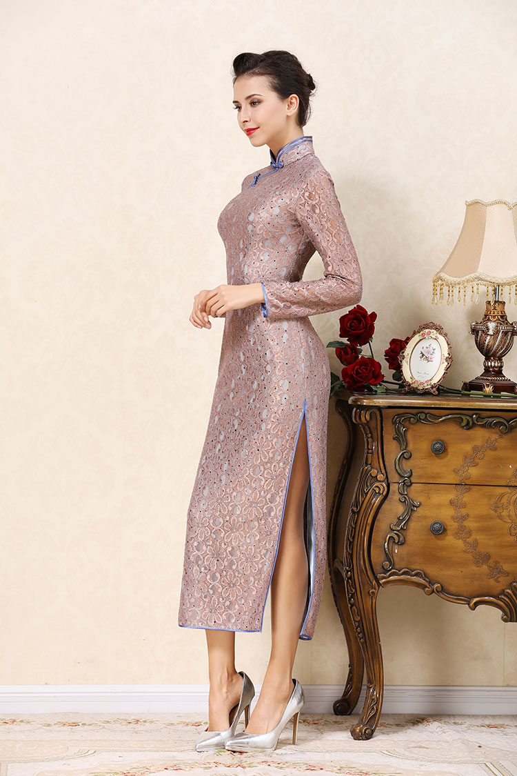 Grey-purple lace cheongsam dress