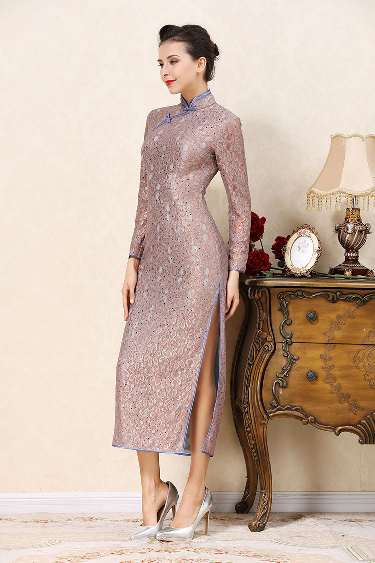 Grey-purple lace cheongsam dress