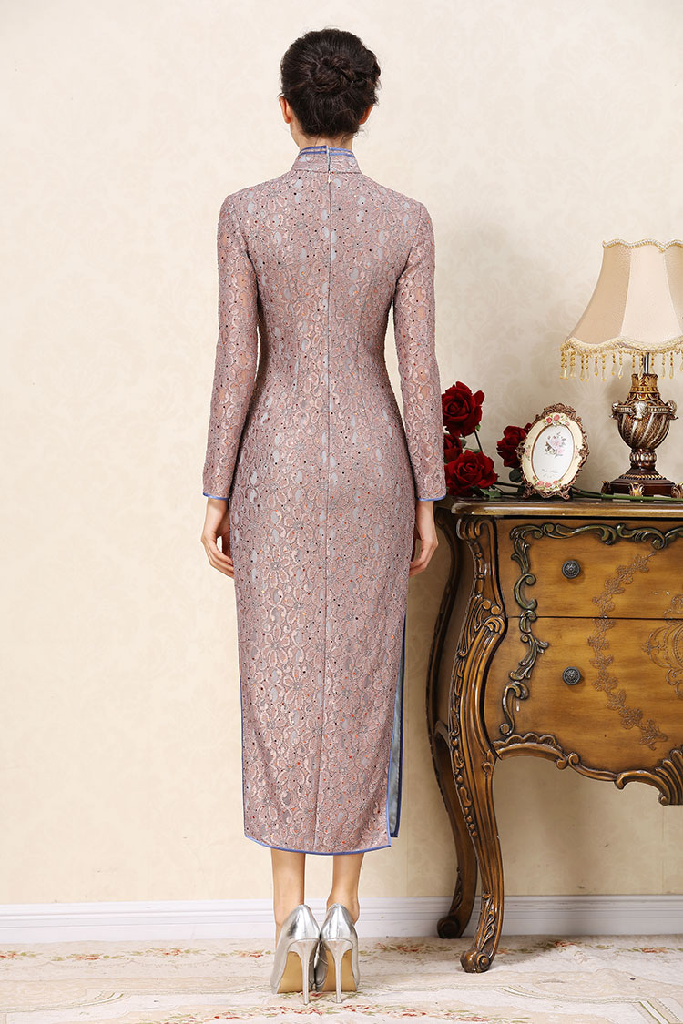 Grey-purple lace cheongsam dress