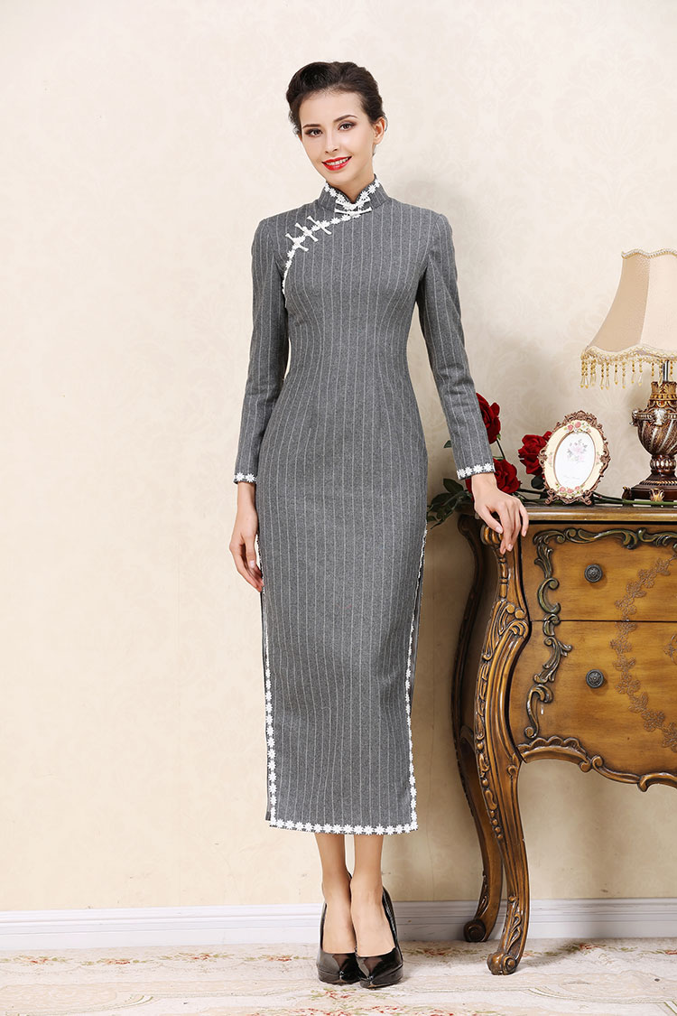 Gray wool stripes cheongsam dress