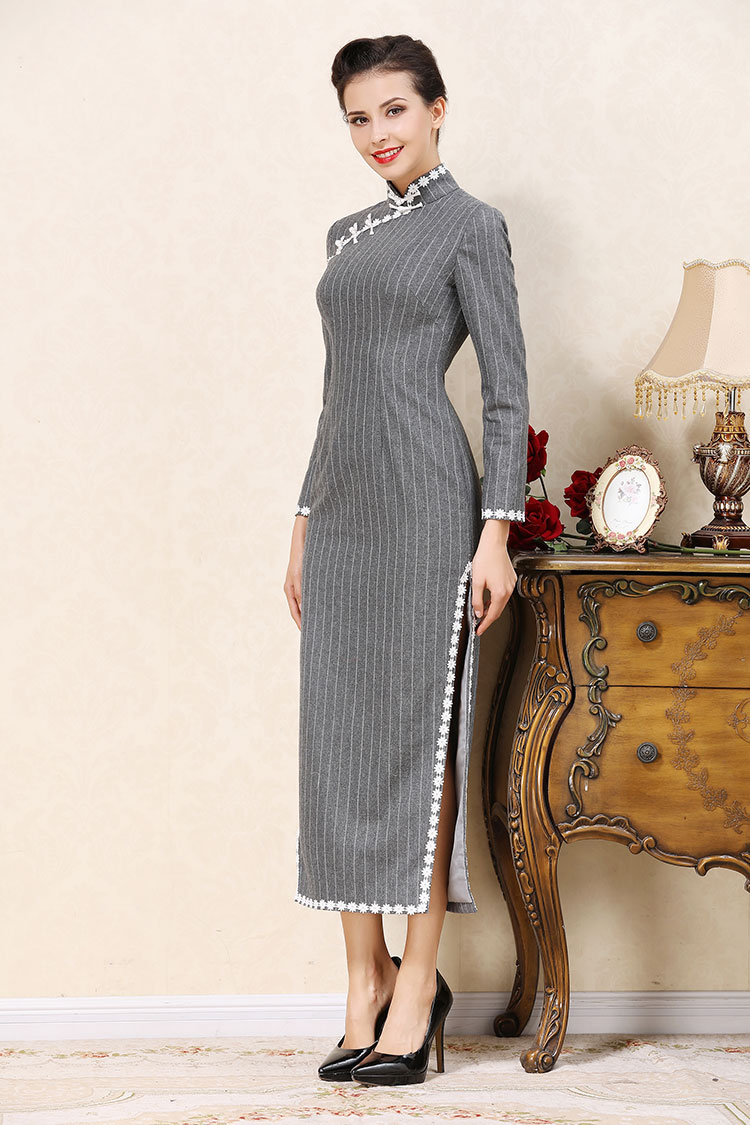 Gray wool stripes cheongsam dress