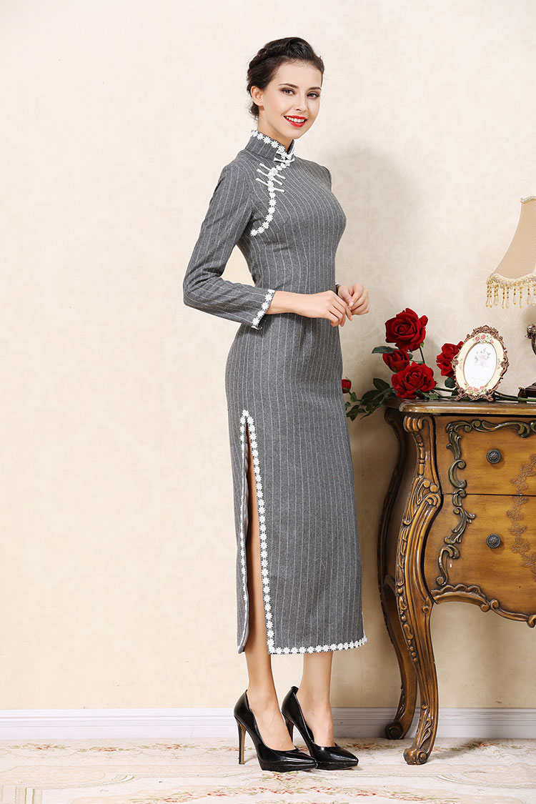 Gray wool stripes cheongsam dress