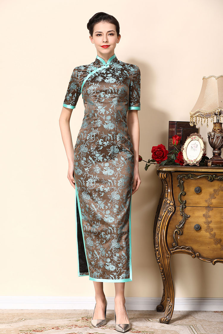 Brown cheongsam dress with blue wide edge