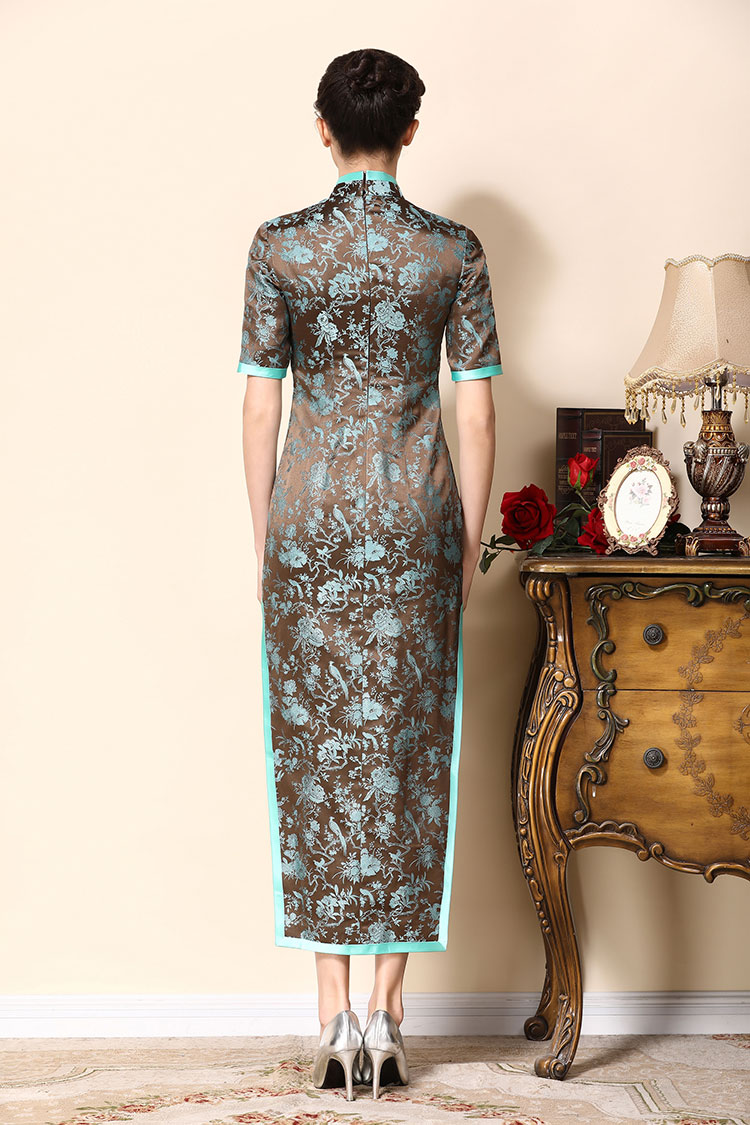 Brown cheongsam dress with blue wide edge