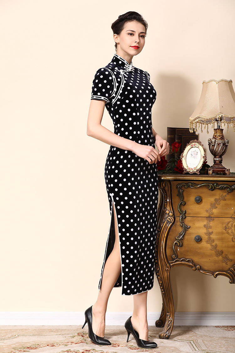 Dark blue cheongsam dress with white dots