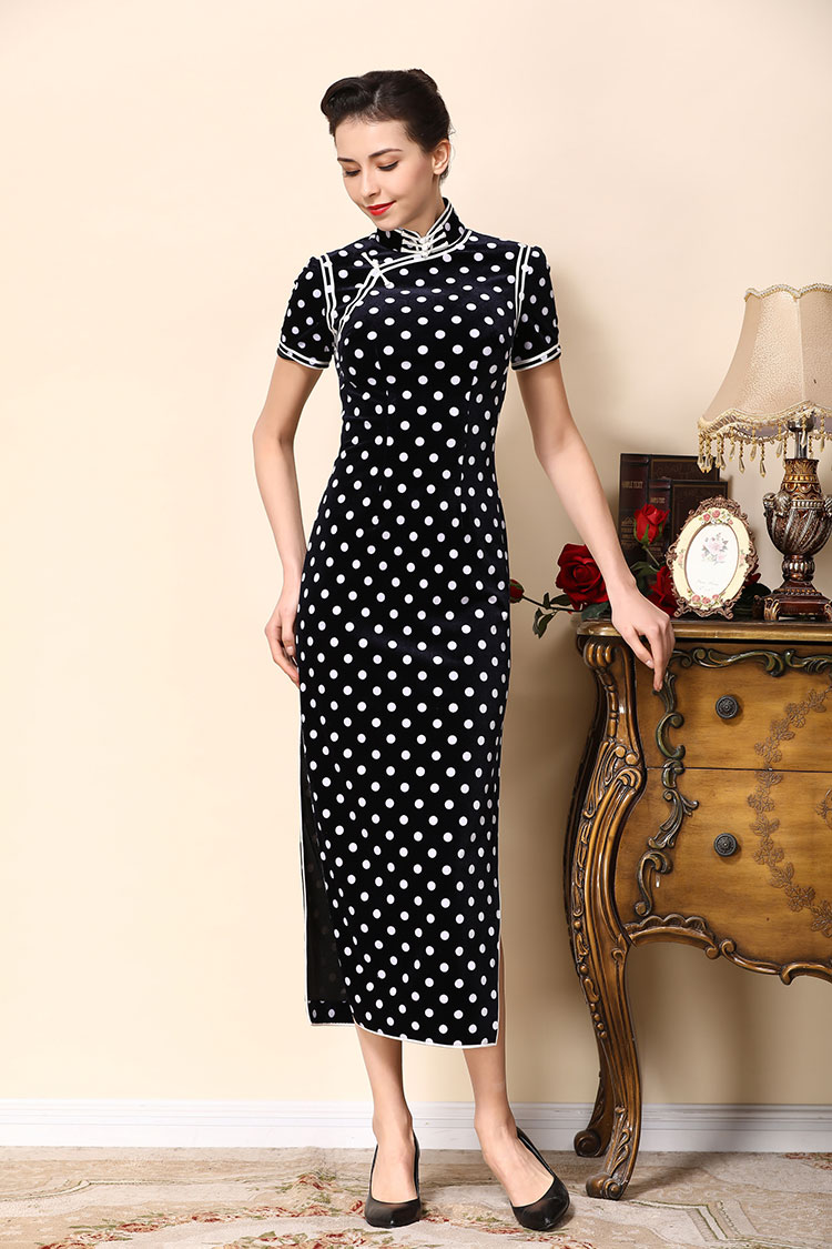 Dark blue cheongsam dress with white dots