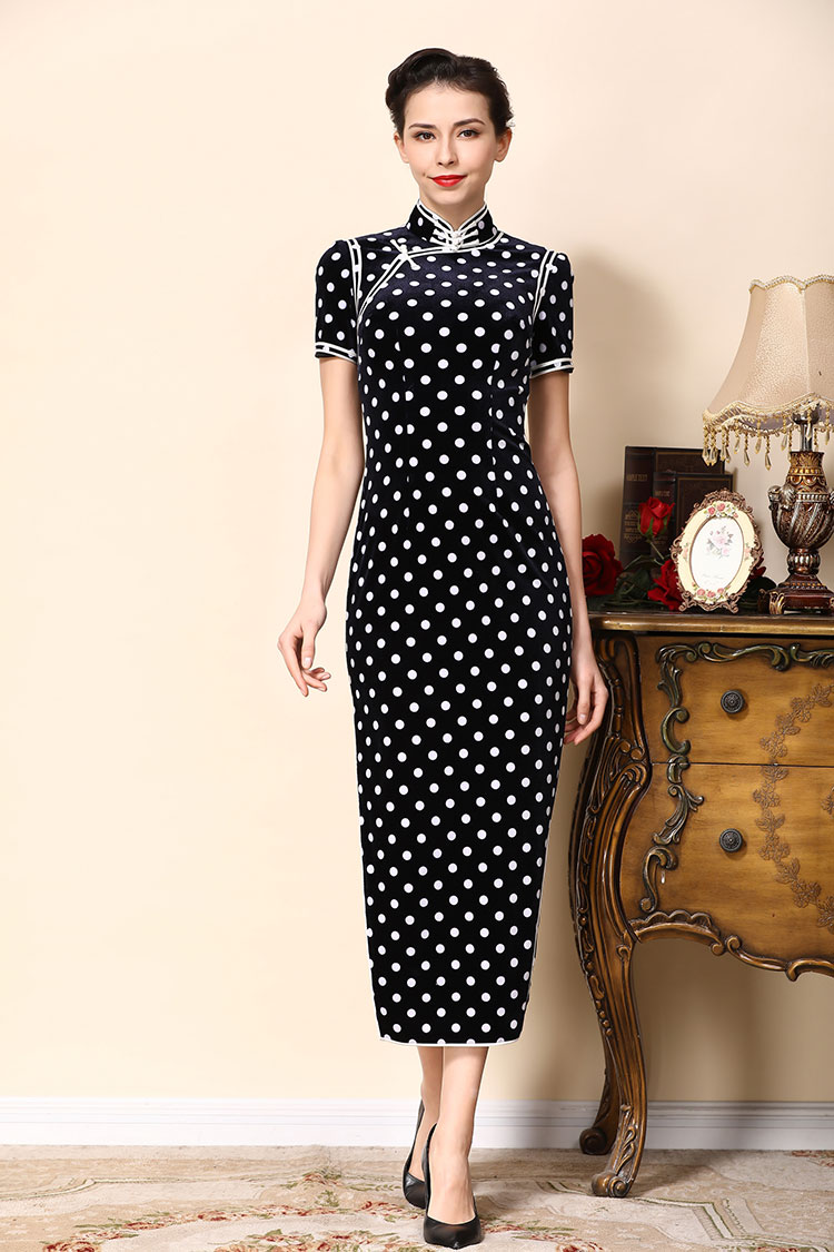 Dark blue cheongsam dress with white dots