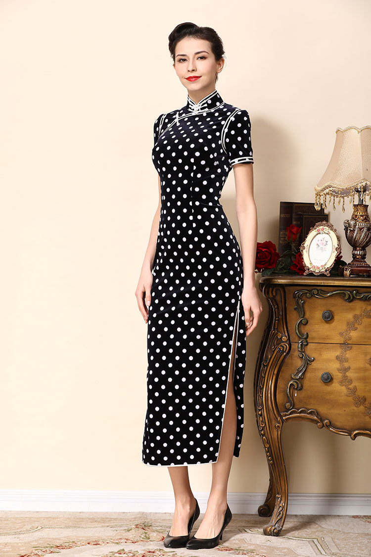 Dark blue cheongsam dress with white dots