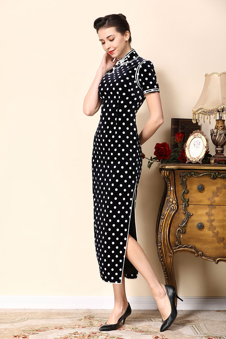 Dark blue cheongsam dress with white dots