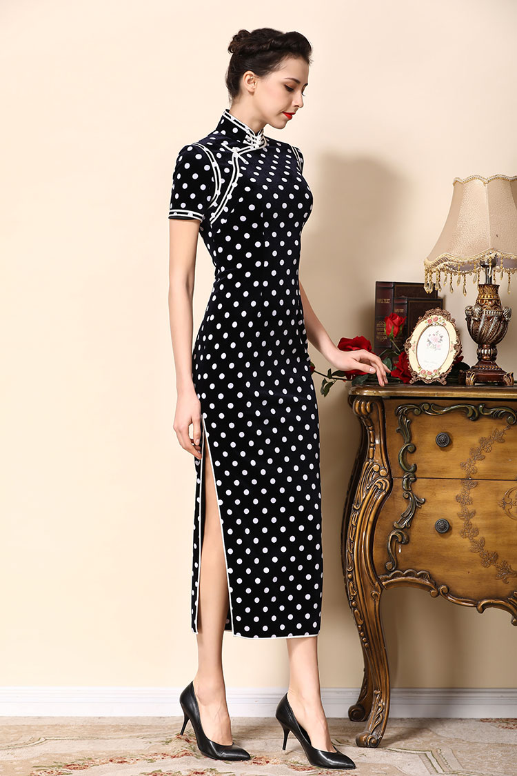 Dark blue cheongsam dress with white dots