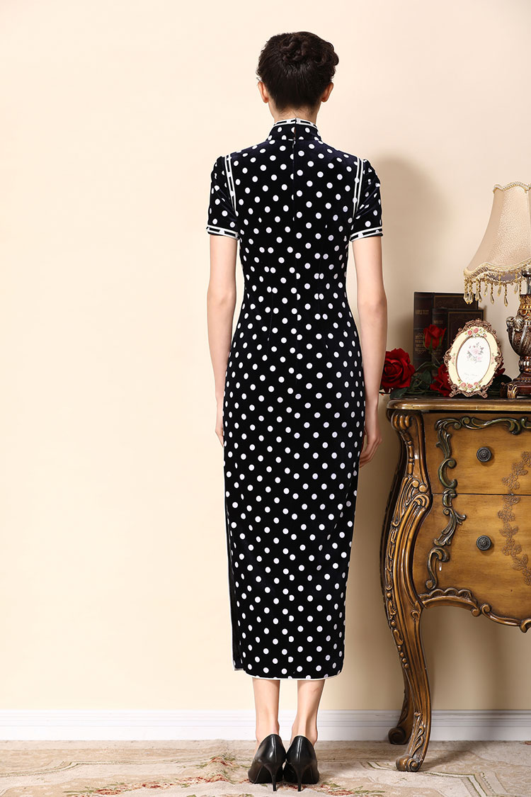 Dark blue cheongsam dress with white dots