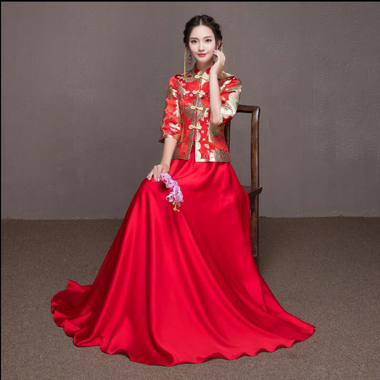 Red golden dragon-phoenix brocade blouse and pure red skirt