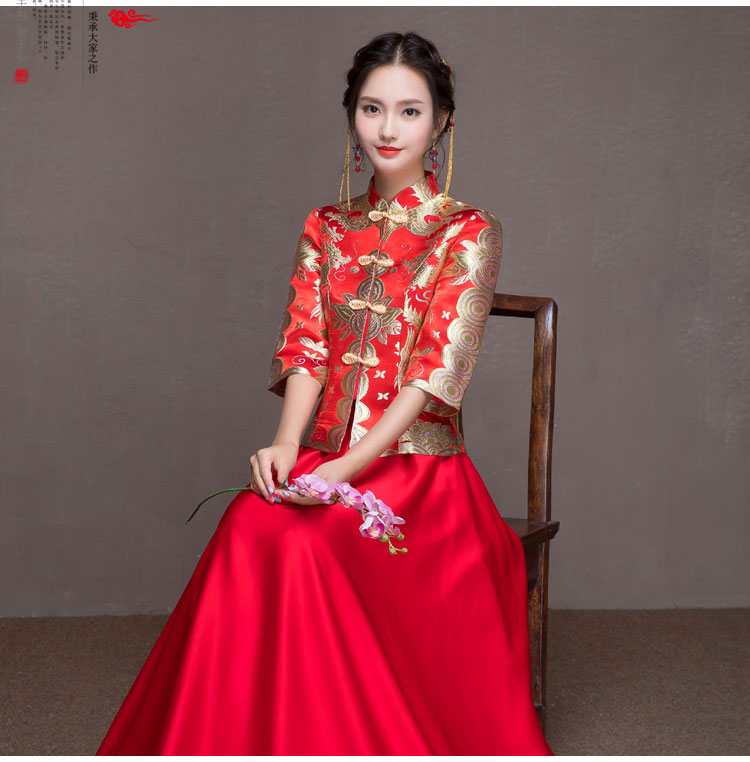 Red golden dragon-phoenix brocade blouse and pure red skirt