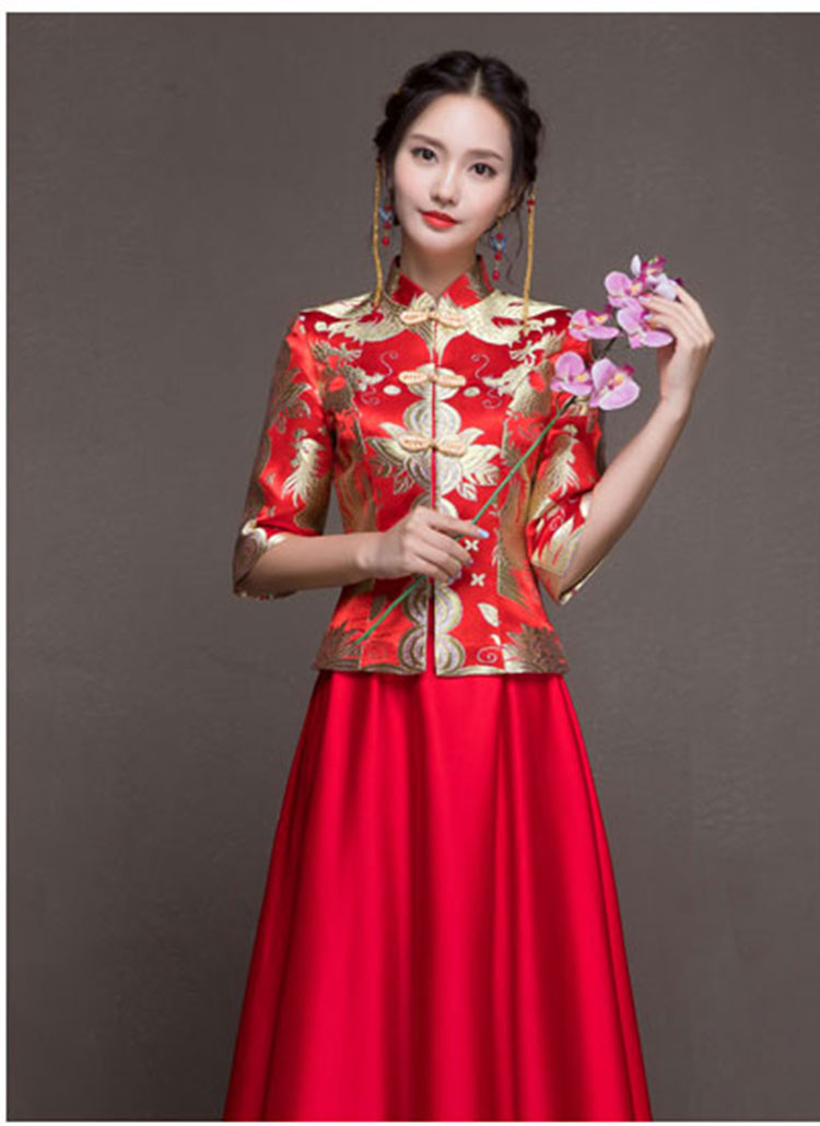 Red golden dragon-phoenix brocade blouse and pure red skirt