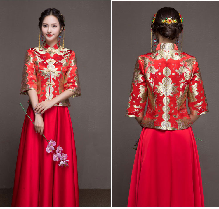 Red golden dragon-phoenix brocade blouse and pure red skirt