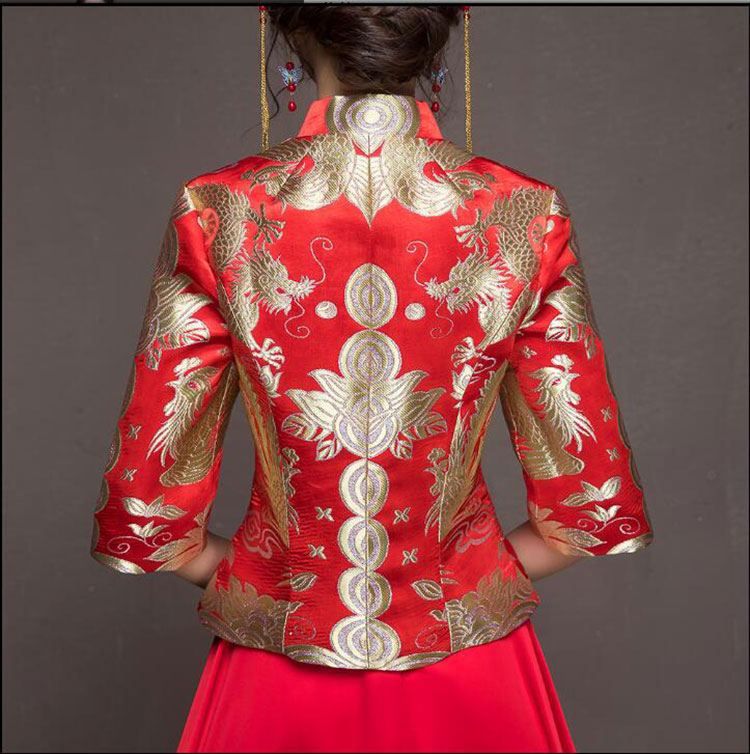 Red golden dragon-phoenix brocade blouse and pure red skirt