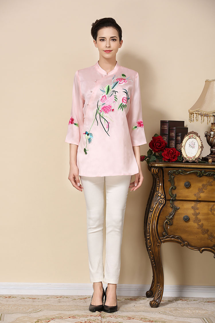 Pink satin Chinese blouse with flowers embroidery